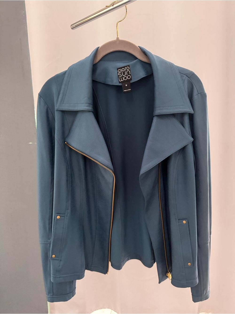 Clara Sun Woo Teal Leather Asymmetrical Zip Moto Jacket